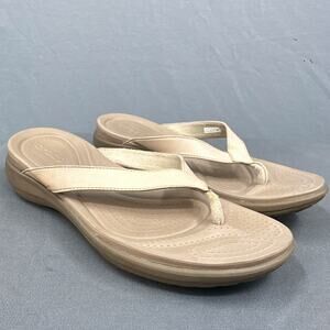 Crocs Sandals 11 Flip Flops Tan Dual Comfort Beachy Summer Vacation Travel Camp